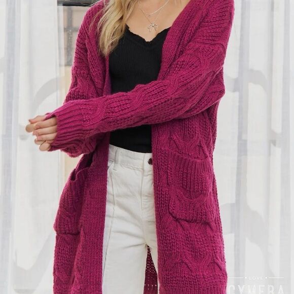Women's Cable Knit Cardigan Sweater - Berry - Picture 3 of 8